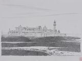 an ink drawing of a castle in the middle of a body of water