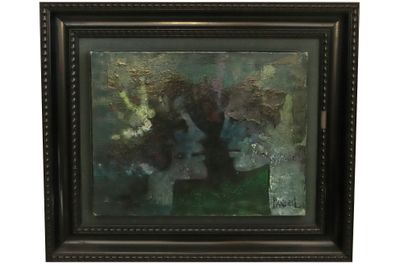 une peinture à l'huile représentant un vase de fleurs, dans un cadre noir