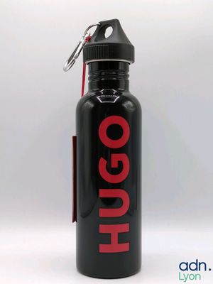 black water bottle with a red logo on the side