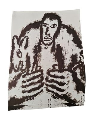 une image représentant un dessin en noir et blanc d'un homme tenant un chien