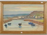 a painting of boats in a body of water with a mountain in the background