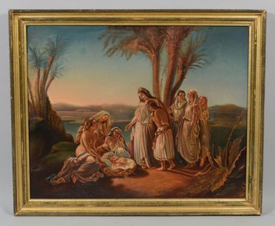 une peinture représentant un groupe de personnes dans un cadre boisé
