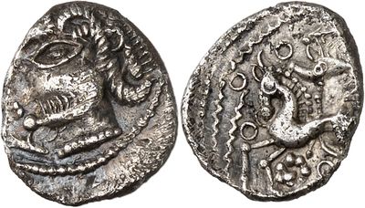 a silver coin with an image of a man and a woman on it