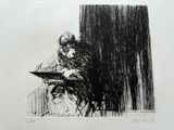 l'image d'un dessin représentant un homme assis à une table