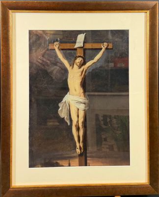 tableau représentant un homme sur une croix, un livre à la main