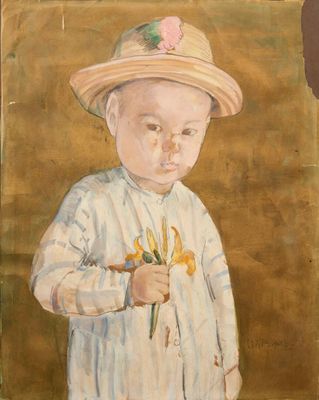 un tableau représentant un bébé coiffé d'un chapeau et tenant une fleur