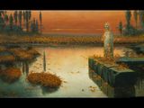 an oil painting of a man standing on a dock next to a body of water