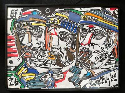 a picture of a painting of two men with hats on