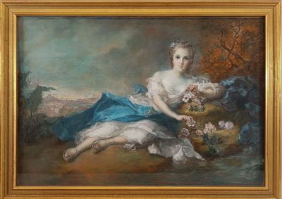 une peinture à l'huile représentant une femme en robe bleue, assise sur un rocher