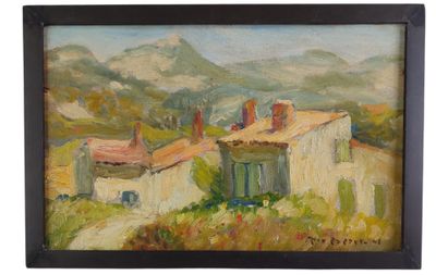 une peinture à l'huile représentant une maison sur une colline, avec des montagnes en arrière-plan