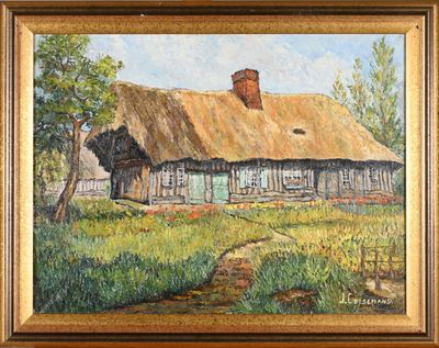 une peinture à l'huile représentant une maison au toit de chaume dans un champ