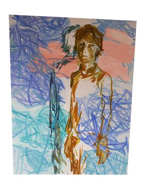 painting of a man standing in front of a painting of blue and orange