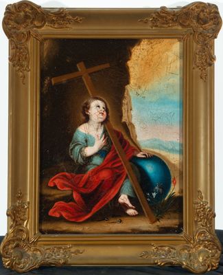 an image of a painting of a child holding a cross