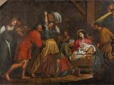 an image of a painting of a manger scene with a baby in a manger