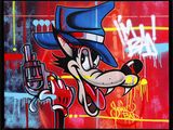 painting of a dog with a hat and a gun in front of a red wall