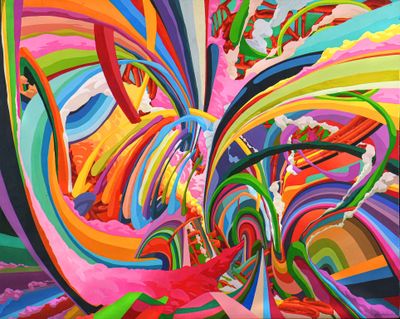 abstract painting of colorful swirls and colors on a black background