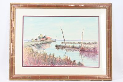 tableau représentant un bateau sur un plan d'eau, avec des roseaux au premier plan