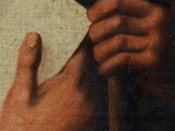 an old painting of a man holding a book in his hand