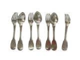 six forks and spoons are lined up on a white surface