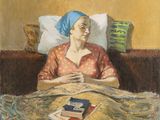 tableau représentant une femme allongée dans son lit, un livre sur les genoux