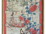an oriental painting of a boat and flowers on a red background