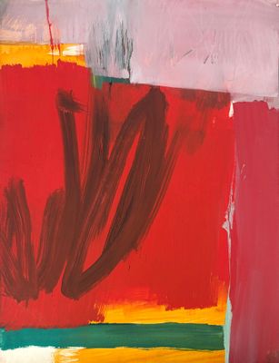 abstract painting of red, yellow, green, and blue with a white background