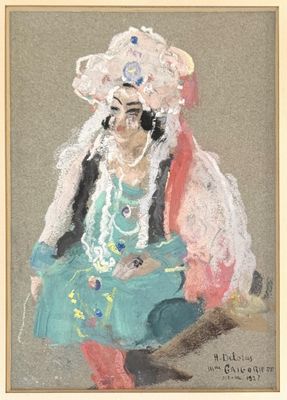 an oil painting of a woman in a green dress sitting on the ground