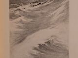 drawing of a ship in rough water with a boat in the background