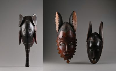 trois vues différentes d'un masque en bois avec des oreilles et des oreilles
