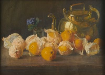 tableau représentant une nature morte composée d'oranges et d'une théière posées sur une table
