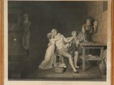 an old picture of a man and a woman in a kitchen