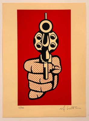 an image of a painting of a hand holding a gun