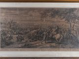an old picture of a painting of a man on a horse in a field