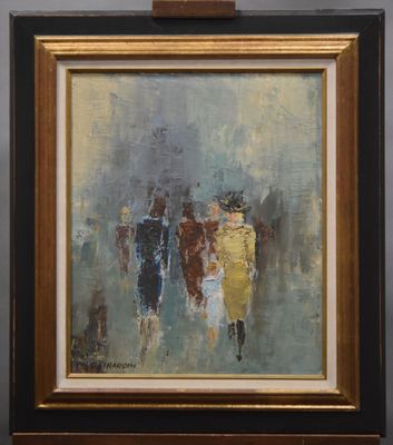 une peinture à l'huile représentant un groupe de personnes marchant dans une rue