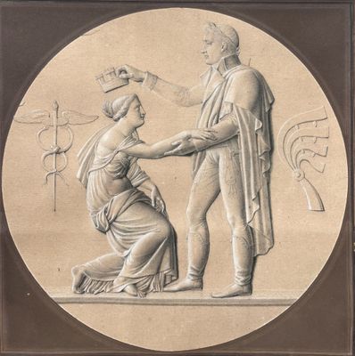 dessin représentant un homme et une femme se serrant la main devant une statue