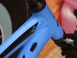 a close up of a blue bicycle with a black handlebar