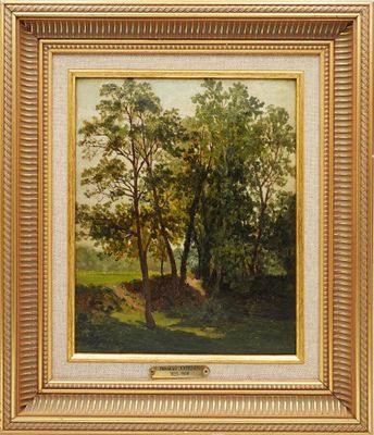 un tableau représentant un paysage avec des arbres et une rivière au loin