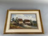 tableau à l'huile encadré représentant une scène fluviale avec une maison et un bateau