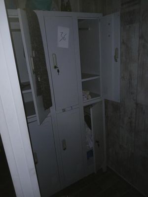 une armoire située dans un coin de la salle de bains, équipée d'un miroir