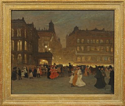 une image représentant un tableau où l'on voit des personnes marchant dans une rue la nuit