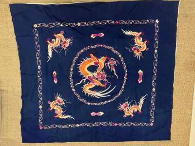 chinese dragon and phoenix design on a blue silk table cloth