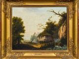 un tableau représentant une scène fluviale avec un château au loin