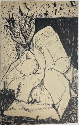 dessin représentant un vase de fleurs posé sur un rocher, avec un rocher au premier plan
