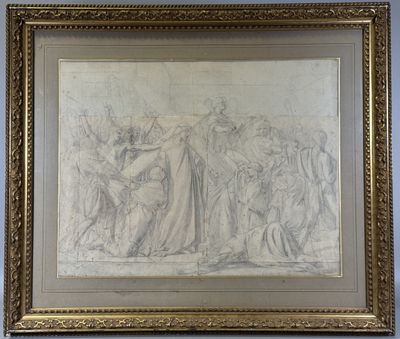 un dessin représentant un groupe de personnes debout devant un mur