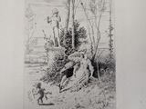 an old black and white drawing of a man and a dog in the woods