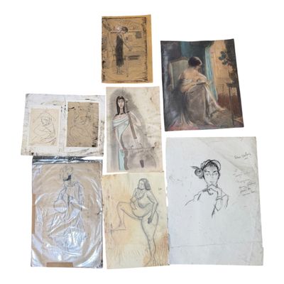 some drawings and pictures of a woman are on a white surface