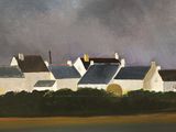 an image of a painting of a row of houses on a beach