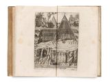 an old book with a drawing of a fountain in the middle of it