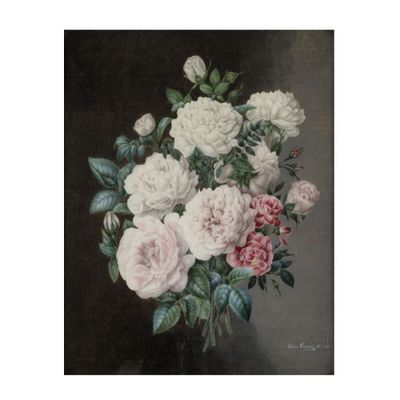 tableau représentant un bouquet de fleurs dans un vase sur fond noir
