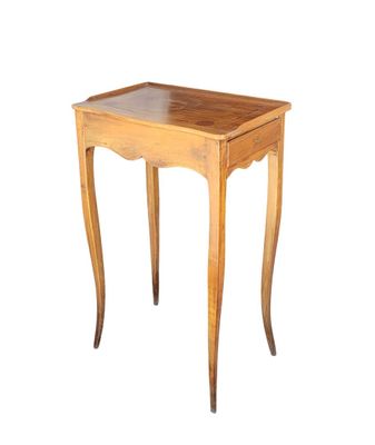 a small wooden table with a glass top on a white background
